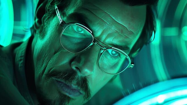 Focused Gaze: An intelligent-looking man with glasses in a lab with a serious expression and eyes gleaming, a captivating portrayal of intellect and scientific focus.