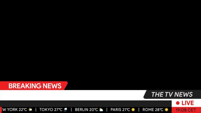 Breaking news lower third overlay animation. Red and white broadcast television graphic with live badge and weather forecast scrolling at bottom. Journalist and media concept. Transparent background