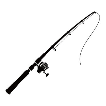 Black fishing rod with reel and lure silhouette illustration, clean monochrome outdoor and angling design.