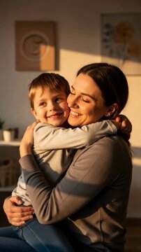 A woman embracing a laughing boy in warm sunlight, showing happy mother and son together, concepts of care and relationship Vertical video