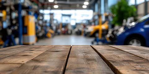 Fototapeta premium Wooden table waiting in a bustling auto repair shop