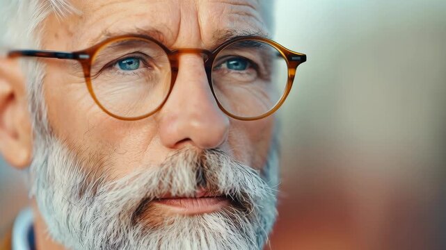 Thoughtful Glance: A senior man with a distinguished beard and stylish glasses exudes a calm and composed demeanor, his piercing eyes reflecting wisdom and experience.