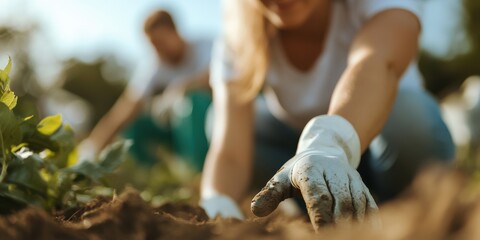 Obraz premium Volunteers unite to restore beauty in city park during sunny afternoon