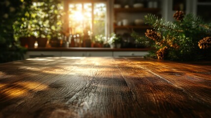 Obraz premium Sunlight dances on an empty wooden table in a warm kitchen setting