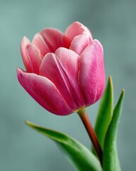 Fototapeta premium Single pink tulip on soft mint gradient background