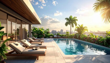 Fototapeta premium Luxurious Modern Outdoor Pool Area Surrounded by Lush Tropical Plants During Sunset in Urban Setting