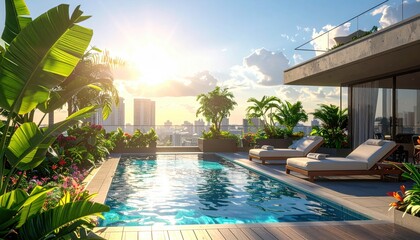 Fototapeta premium Luxurious Rooftop Pool with Lounge Chairs Surrounded by Tropical Plants at Sunset in Cityscape