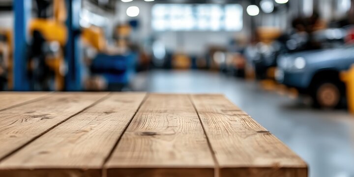Rustic wooden table in focus amid a bustling auto repair workshop