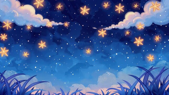 A Night Sky Full of Wonder: An enchanting night scene, alive with a myriad of glowing stars twinkling above soft, billowing clouds and gentle blades of grass.
