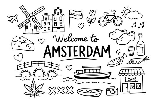 Amsterdam travel doodle set, cute hand drawn city symbols and landmarks in line art style