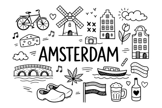 Amsterdam travel doodle set, cute hand drawn city symbols and landmarks in line art style
