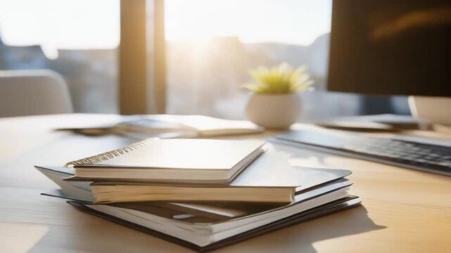 Notebooks and keyboard on a desk in bright office with natural light