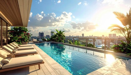 Fototapeta premium Stunning Infinity Pool Overlooking a Vibrant City at Sunset Surrounded by Lush Tropical Plants
