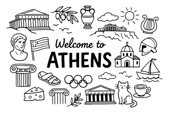 Athens travel doodle set. Hand drawn Greek landmarks and ancient symbols sketch illustration.