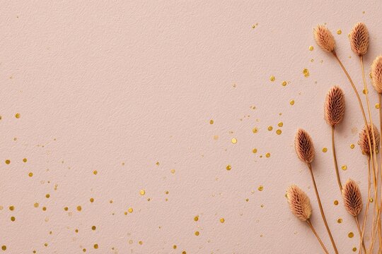 Dried bunny tail grass with gold confetti on pink background
