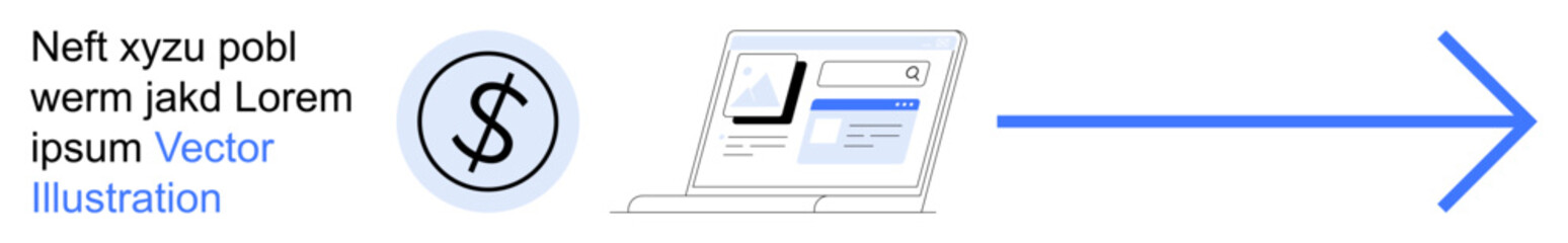 Obraz premium Financial services, online payment, digital banking, money management, e-commerce, transaction flow. A dollar sign, laptop and blue arrow. Financial services and online payment concept