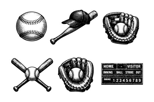 Vintage baseball engraving set, antique sports equipment, bat, glove and ball sketches in woodcut style