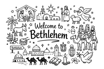 Obraz premium Bethlehem travel and nativity doodle set, hand drawn biblical city symbols and Christmas story landmarks in line art style