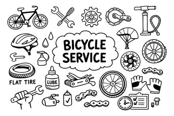 Bicycle service doodle set, hand drawn bike repair tools and spare parts in line art style