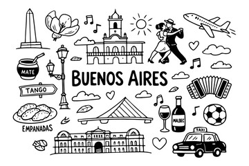 Naklejka premium Buenos Aires travel doodle set, hand drawn Argentina city symbols and landmarks in line art style