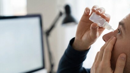Person Applying Artificial Tears from Small Bottle into Eye While Seated at Computer