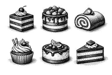 Vintage desserts engraving set, retro bakery collection with cakes, cupcakes and sweet pastries in woodcut style