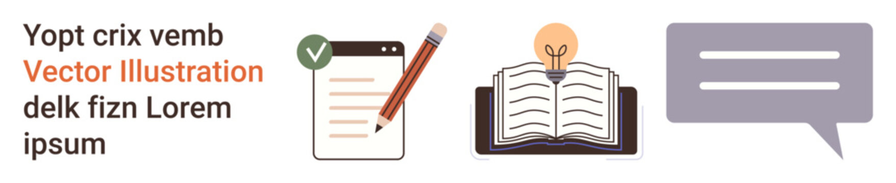 Learning tools, education, communication, creative thinking, knowledge sharing, writing. A checklist with pencil, open book with lightbulb and a chat bubble. Education and communication concepts