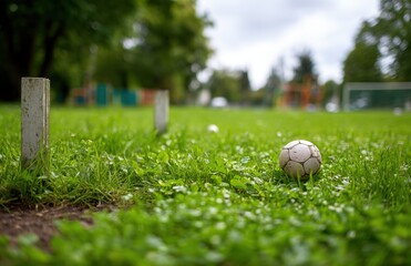 Soccer ball on grass near wooden goal markers