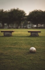 Soccer ball on grass field near park benches