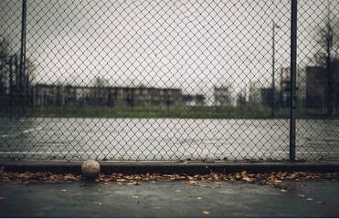 Soccer ball by chain link fence on empty court