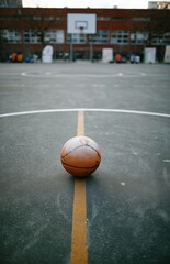 Basketball on center line of empty outdoor court
