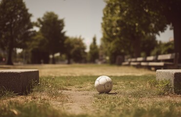 Soccer ball on dirt path between stone blocks in park