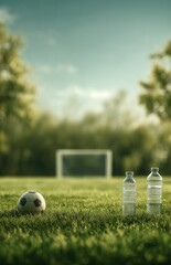 Soccer ball and water bottles on grass field with goal in background