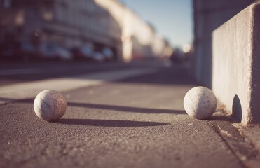 Two game balls on sidewalk near curb in soft morning light