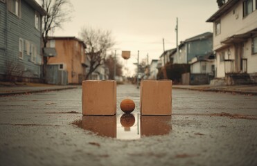 Basketball between two cardboard boxes on quiet street with puddle