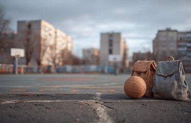 Backpacks and basketball on empty outdoor court in city neighborhood