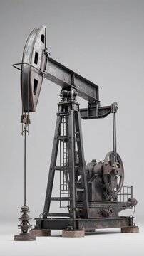 Detailed close-up of a vintage oil pump jack model on a plain background.