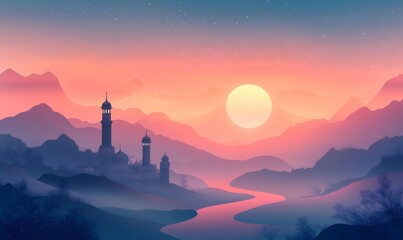 Fototapeta premium Mosque silhouette stands overlooking a winding river through misty mountains as the sun rises, creating a soft, colorful sky