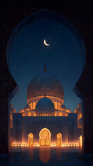 Fototapeta premium A dazzling crescent moon sparkling among clusters of seafoam green and teal glitter with tropical ocean defocused lights creating fresh and invigorating Ramadan design