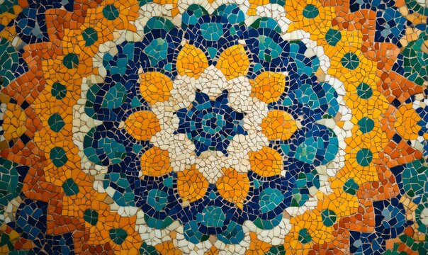 Vibrant mosaic art featuring geometric and floral patterns with tessellating blue, orange, yellow, and white tiles