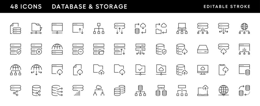 Database icon collection. Storage icon set. Storage, cloud, computing, web server, hosting, data center and more. Editable stroke. Pixel Perfect. Grid base 32 x 32.
