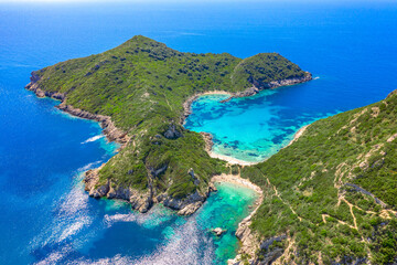 Obraz premium Aerial view of famous double beach of Porto Timoni, Afionas region, Corfu, Greece