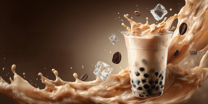 Creamy milk bubble tea exploding with boba pearls and crystal ice, dynamic drink concept for modern caf&eacute; and beverage branding