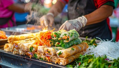 Street Food Vendor Preparing Fresh Spring Rolls.