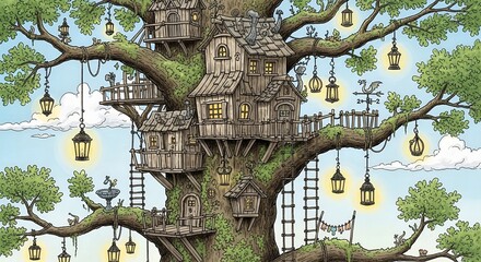 Fototapeta premium Whimsical treehouse nestled in sprawling tree with lanterns and bridges