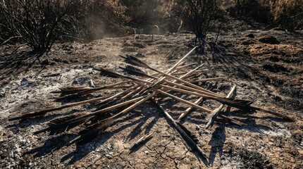 Fototapeta premium Pile of Shattered Wooden Arrows on Dry Ground