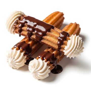Close-up shot of churros with whipped cream and chocolate sauce on a plain white background