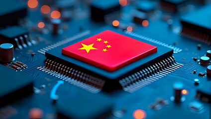 A semiconductor microchip with "China" flag on digital circuit board - ai, Chinese electronics manufacturing, global chip industry geopolitics competition, international technology trade concept