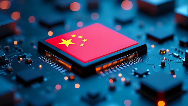 A semiconductor microchip with "China" flag on digital circuit board - ai, Chinese electronics manufacturing, global chip industry geopolitics competition, international technology trade concept