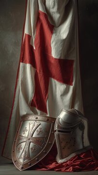 Medieval knight templar helmet and shield with red cross on white flag.